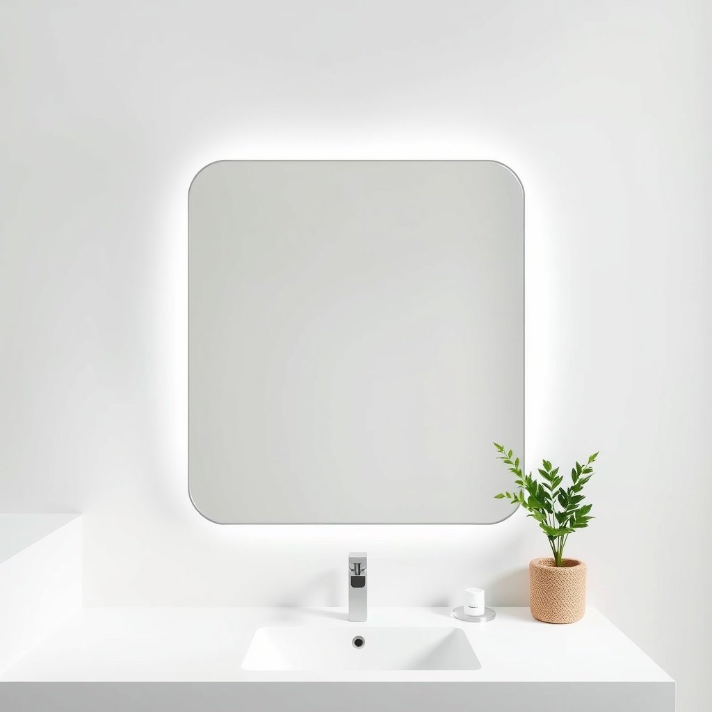 A minimalist square mirror with backlighting above a sink in a modern bathroom.