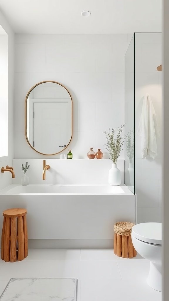 A minimalist bathroom featuring a bathtub, plants, and simple decor.