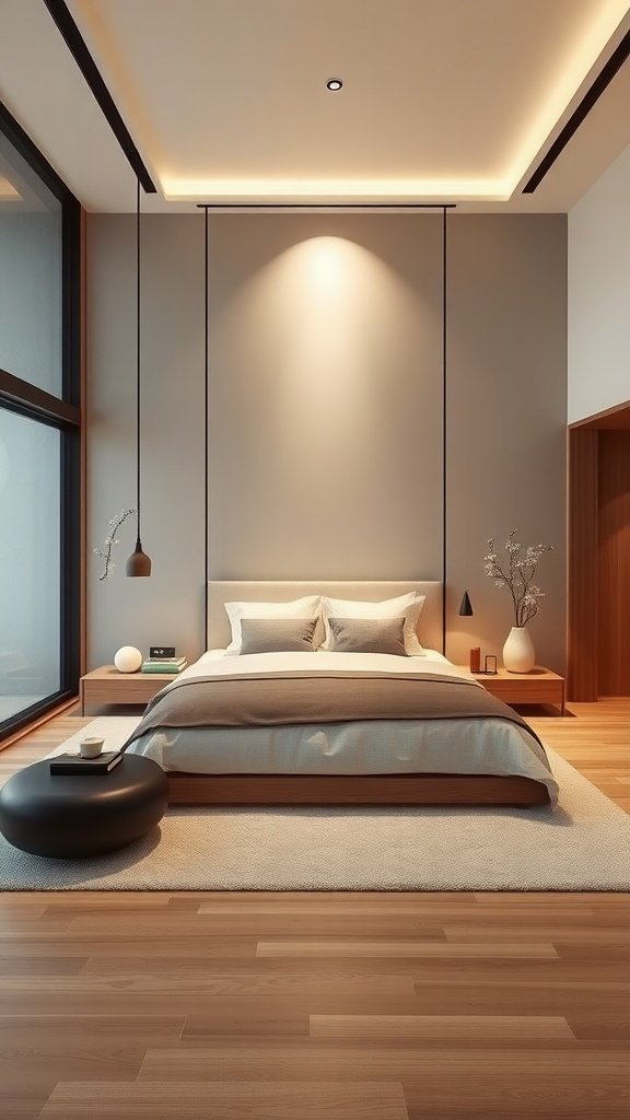 A minimalist zen bedroom with neutral tones and natural elements.