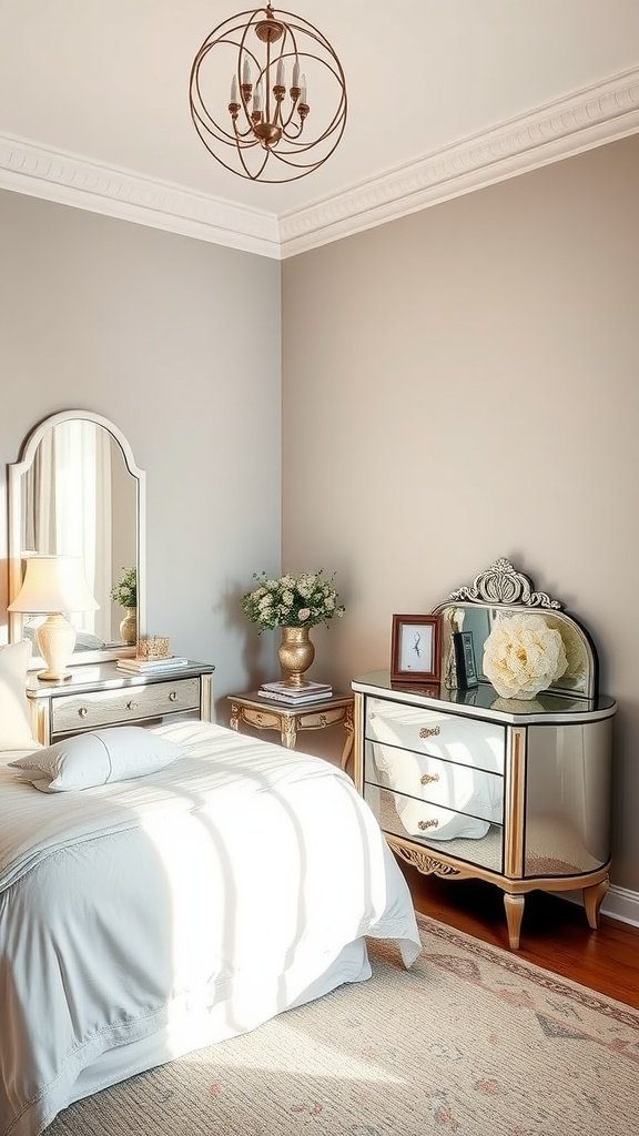 A cozy small bedroom featuring mirrored furniture and soft lighting