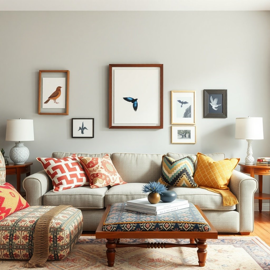 A living room showcasing a mix of patterned pillows and art on the walls.
