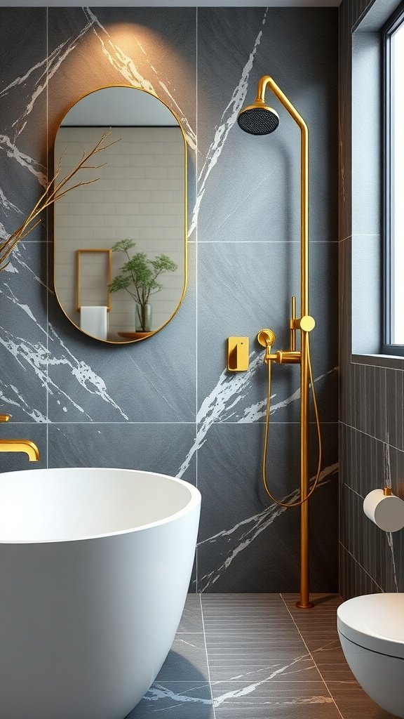 Elegant bathroom design featuring gold fixtures, grey tiles, and modern accents.