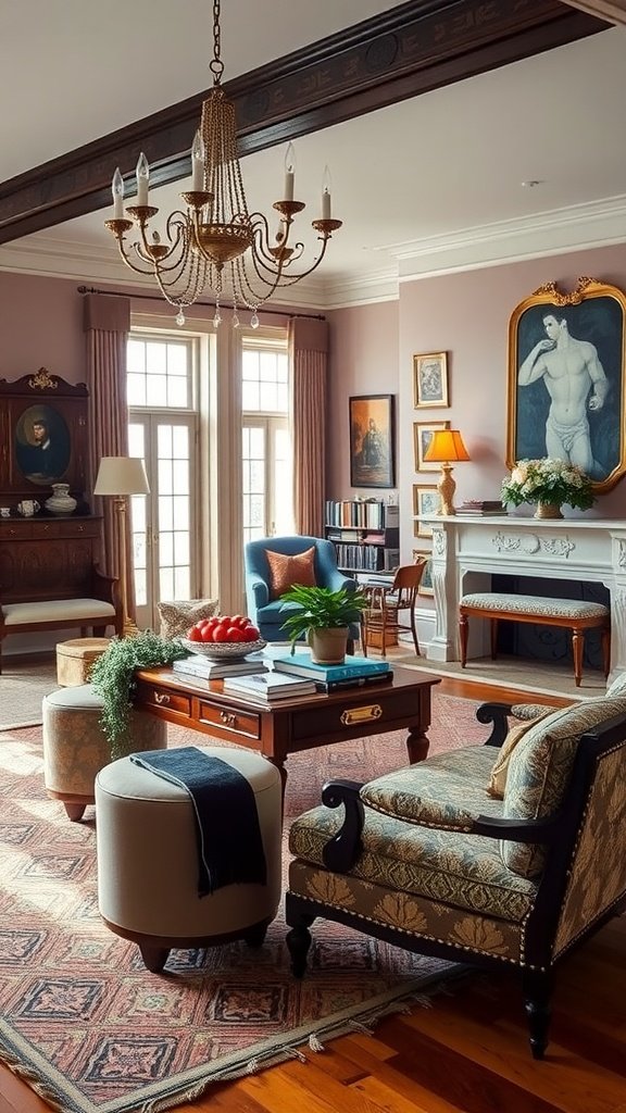 A stylish living room featuring a mix of old and new furniture, showcasing a vintage chair alongside a modern sofa.