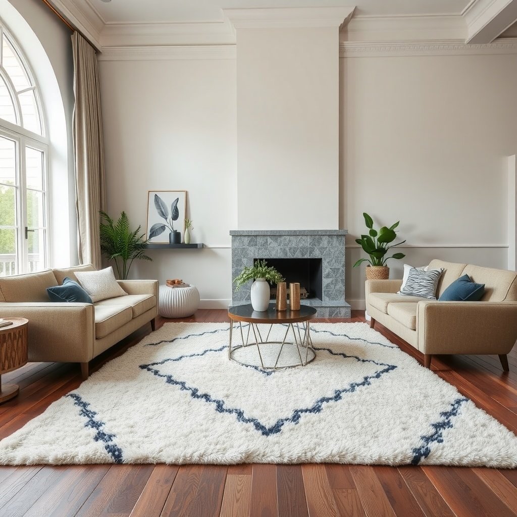 A cozy living room with mixed plush rugs and stylish decor.