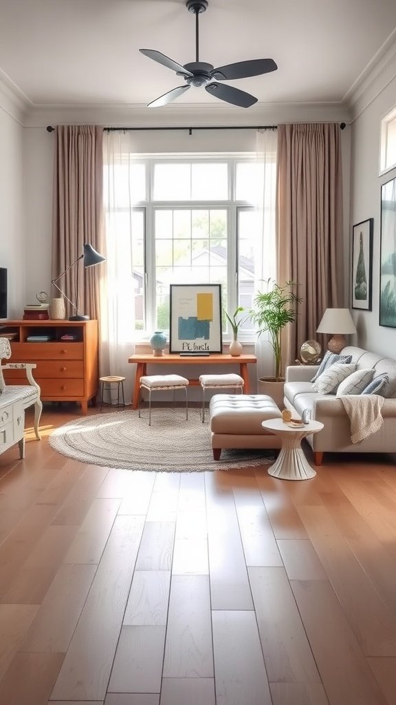 A contemporary living room featuring a mix of vintage and modern furniture.