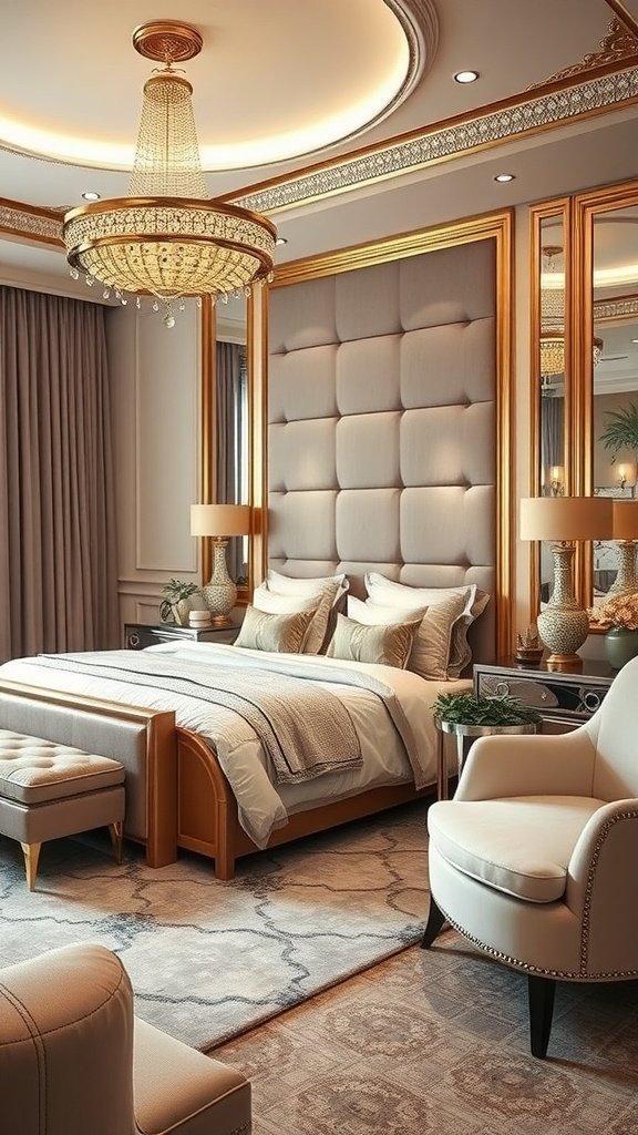 A modern glam bedroom with elegant decor featuring neutral tones and stylish furnishings.