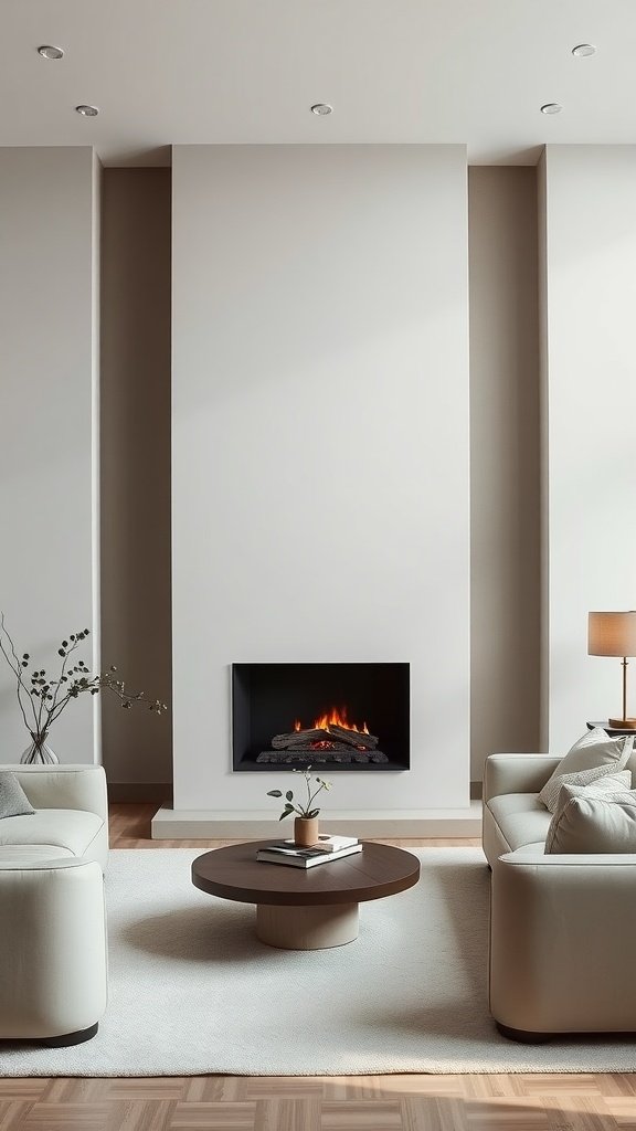 A modern minimalist living room featuring a sleek fireplace, plush seating, and a simple coffee table.