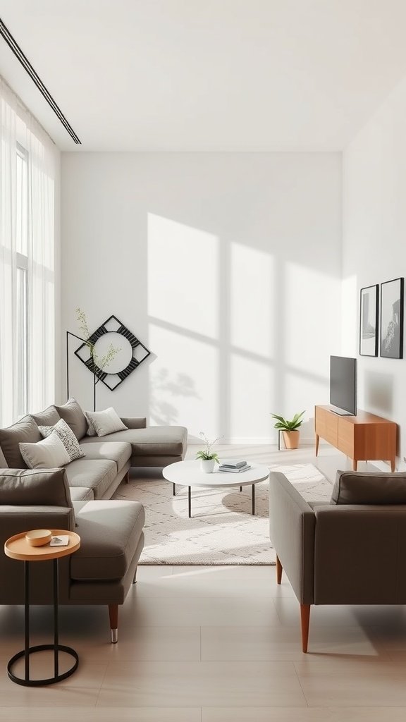 A modern minimalist living room with grey furniture, a round coffee table, and plants.