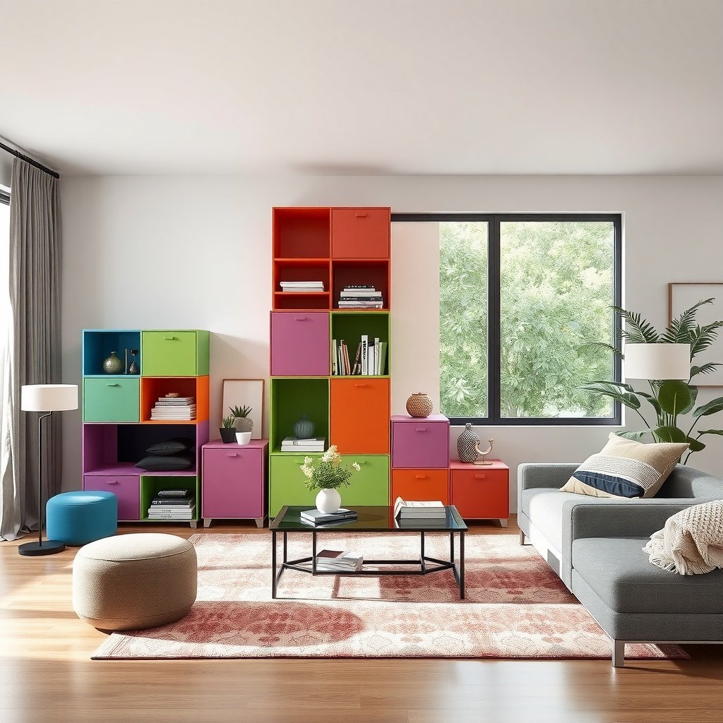 Colorful modular storage cubes arranged in a small living room