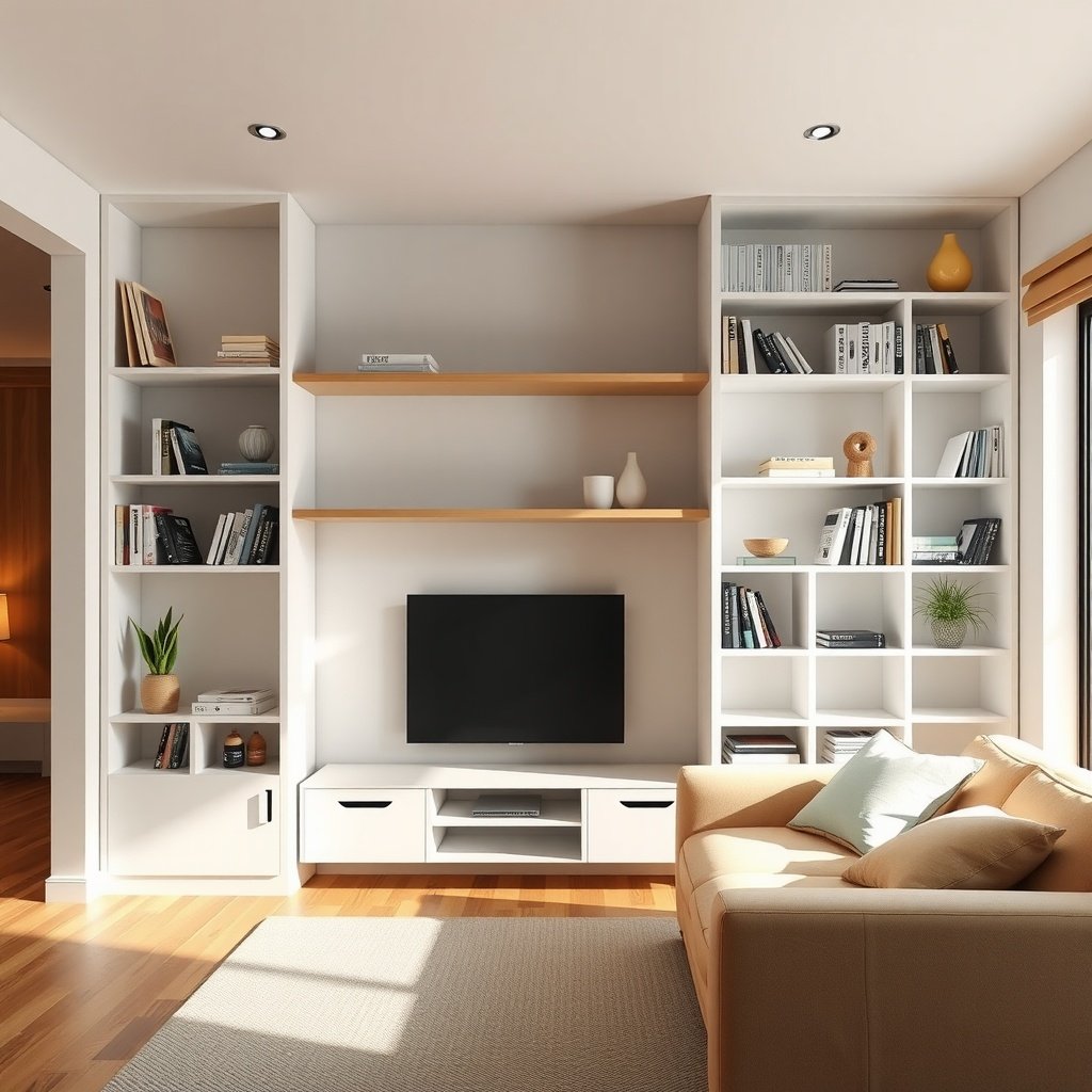 Stylish modular shelving unit in a small living room with books and decorative items.