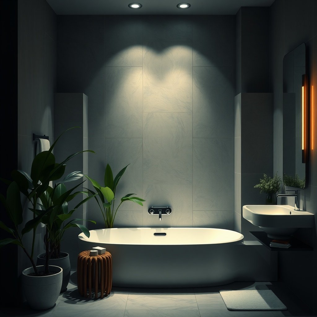 A modern bathroom featuring plants and mood lighting.
