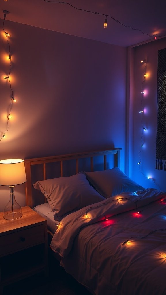 A small bedroom with warm mood lighting, featuring string lights and a bedside lamp.