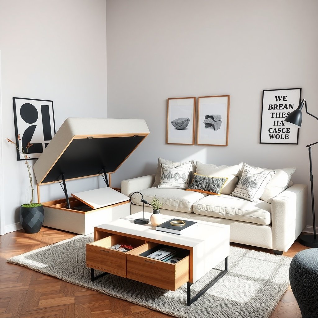 A stylish living room featuring a convertible coffee table and a sofa with storage.