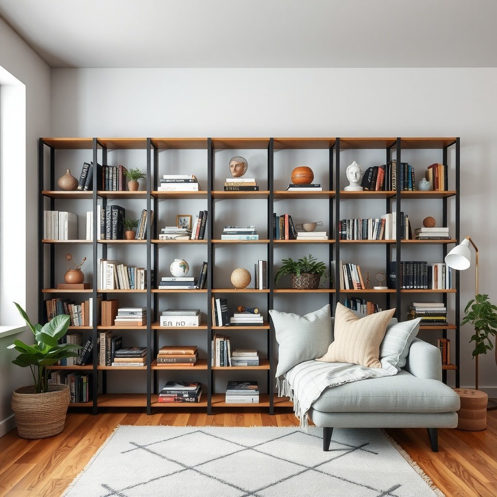 Stylish multi-functional shelving unit in a small living room