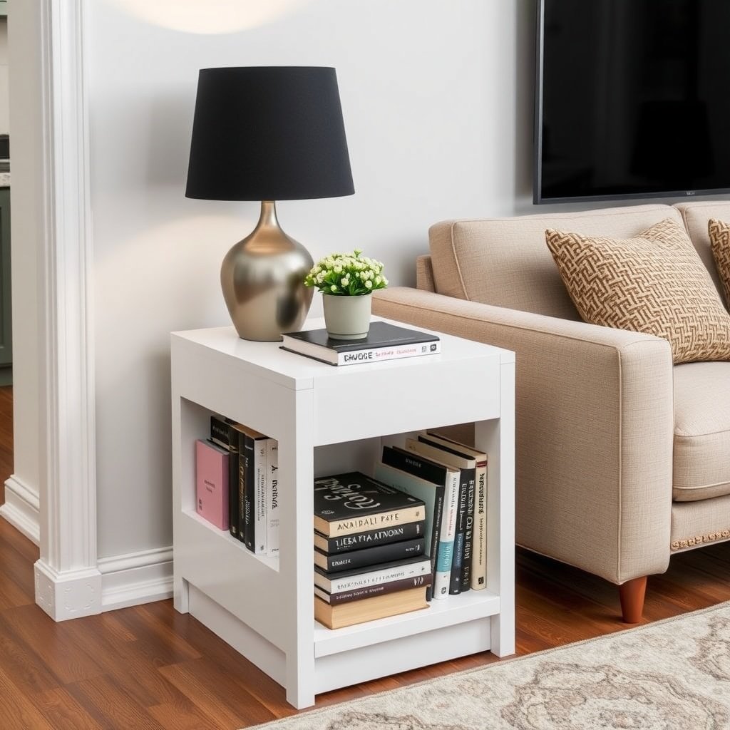 A modern side table with books and a decorative plant, next to a cozy sofa.