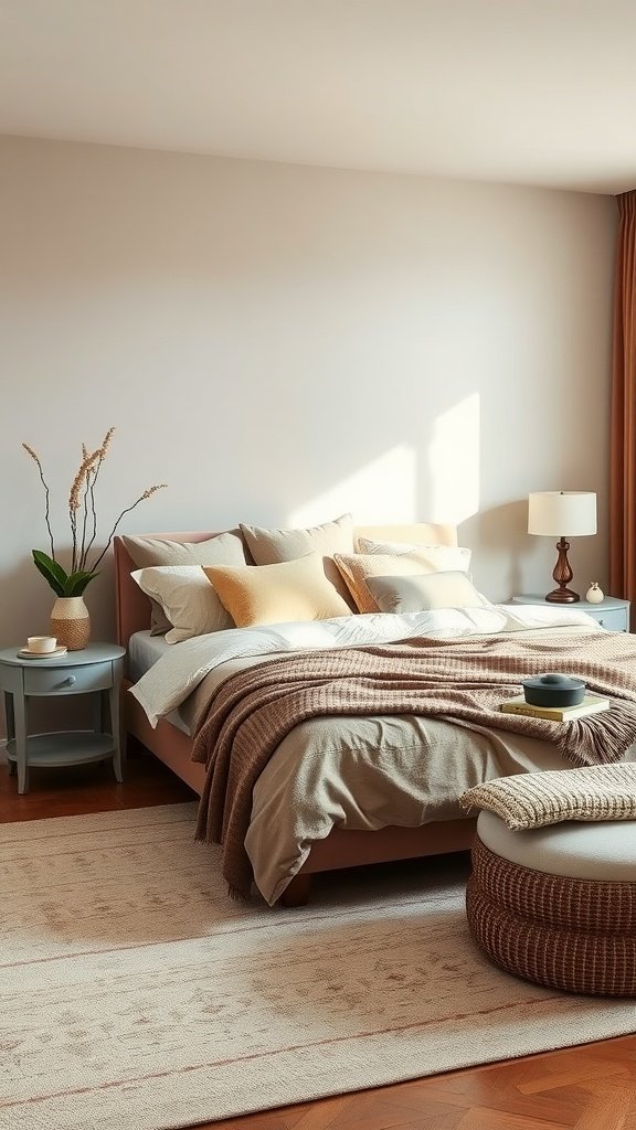 A cozy bedroom featuring muted colors with soft bedding and warm accents.