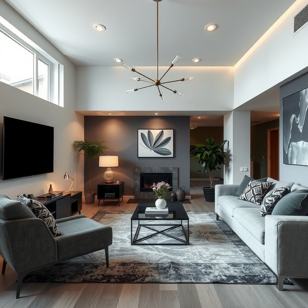 Modern living room with muted gray tones and stylish furniture.