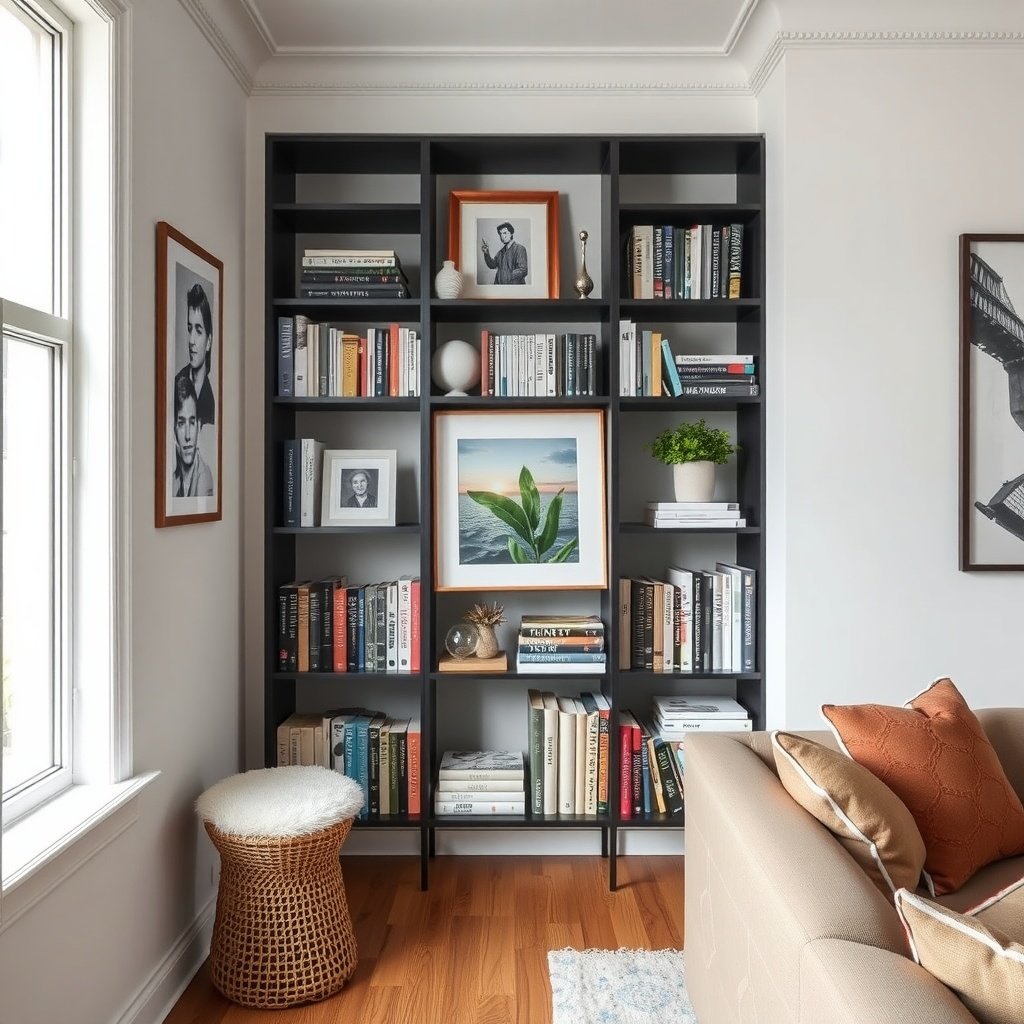 A stylish narrow bookcase with books and decor items in a small living room setting.