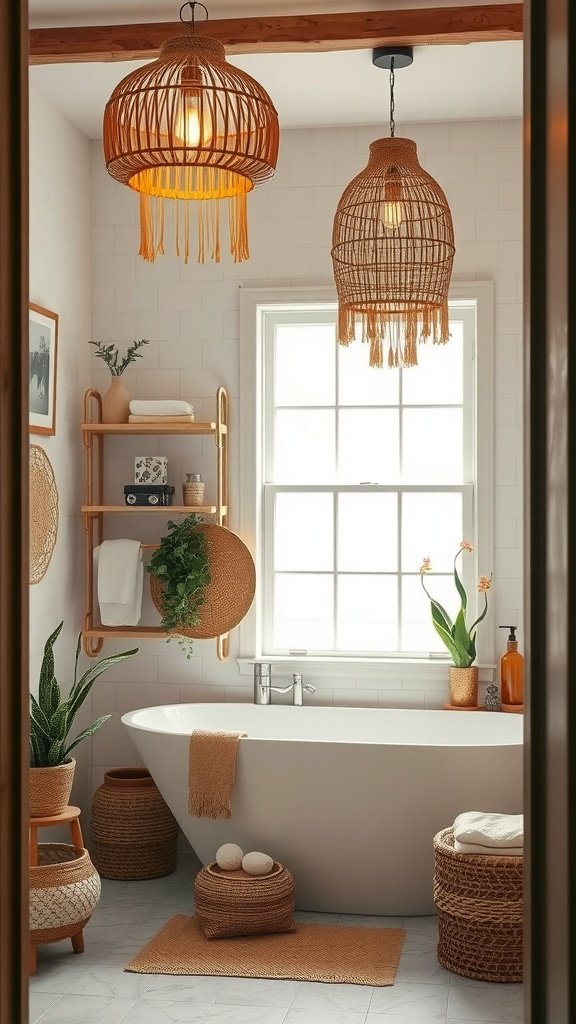 Stylish natural fiber light fixtures hanging above a bathtub in a well-decorated bathroom.
