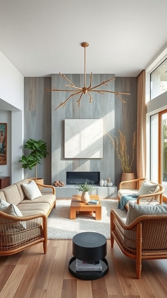 Contemporary living room featuring natural textures with wooden furniture and soft furnishings.