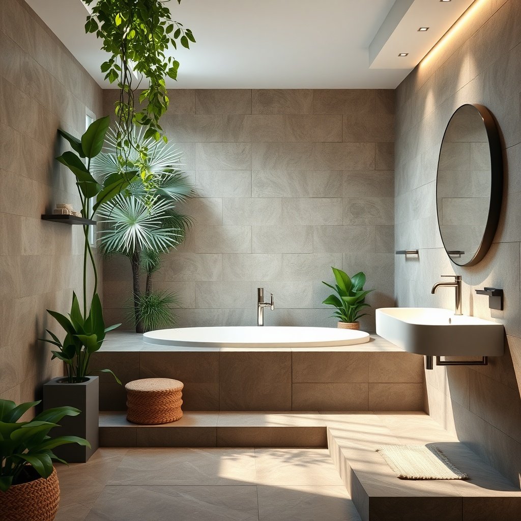 Modern bathroom featuring natural stone walls and various indoor plants, creating a serene atmosphere.