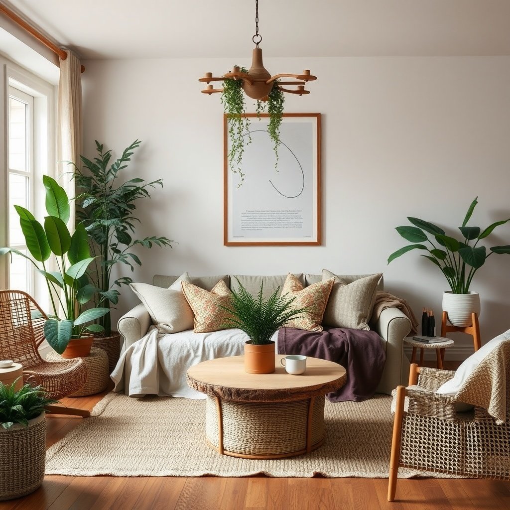 A cozy summer living room featuring natural textiles in earthy tones.
