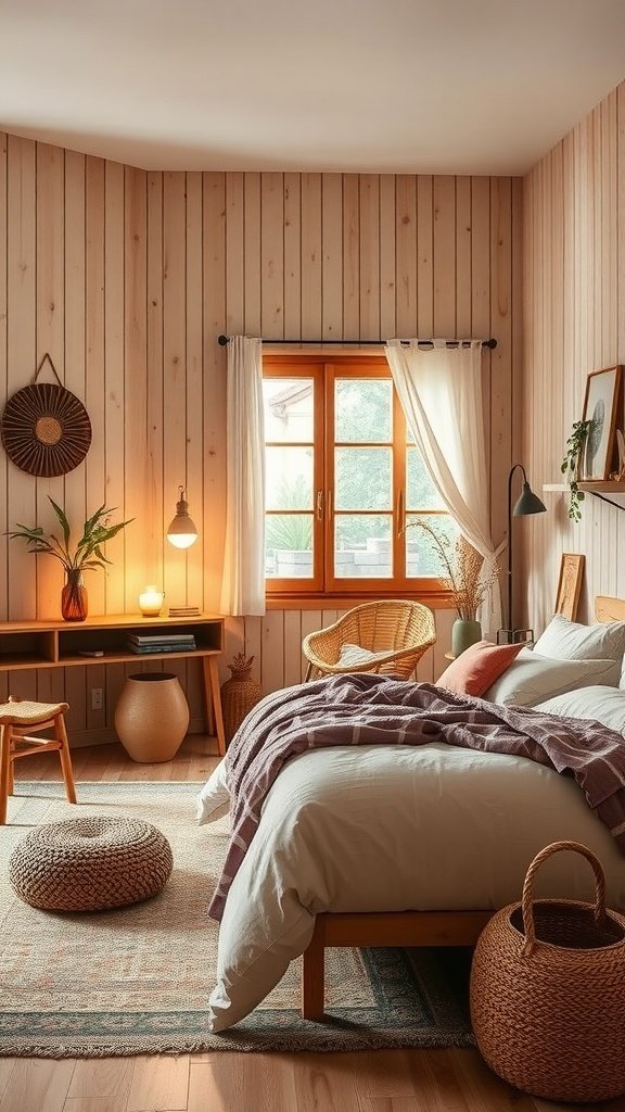 A cozy boho bedroom featuring natural wood accents, warm lighting, and earthy tones.