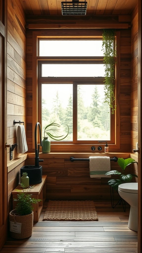 A cozy bathroom featuring natural wood walls, a window with greenery outside, and various plants enhancing the space.