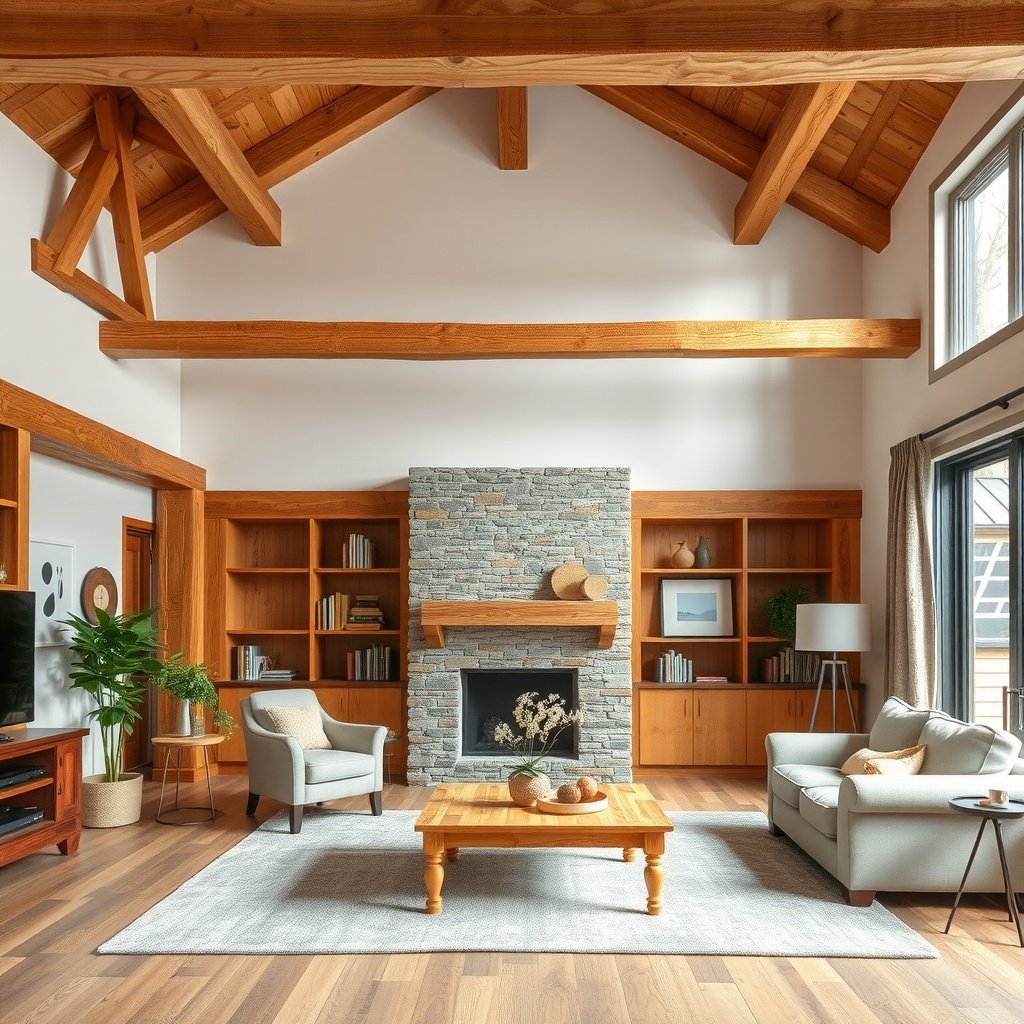 A summer living room featuring natural wood beams, a stone fireplace, and cozy seating.