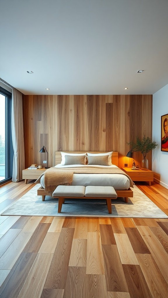 Cozy bedroom featuring natural wood furniture with neutral decor.
