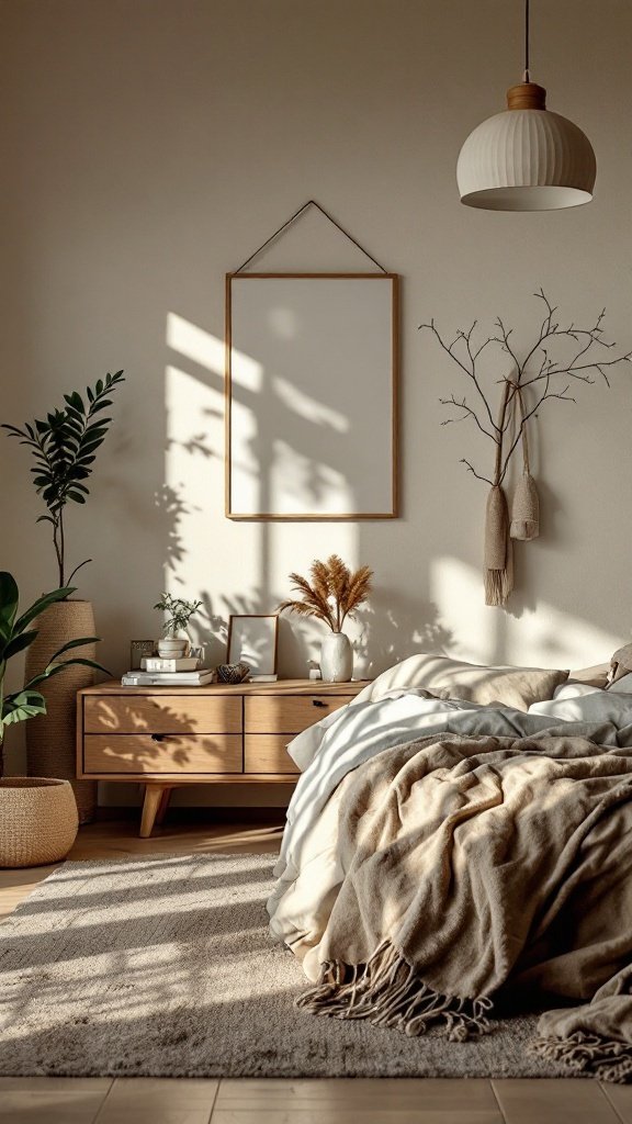 A cozy bedroom with natural wood furniture, soft textiles, and plants, creating a fresh and calming atmosphere.