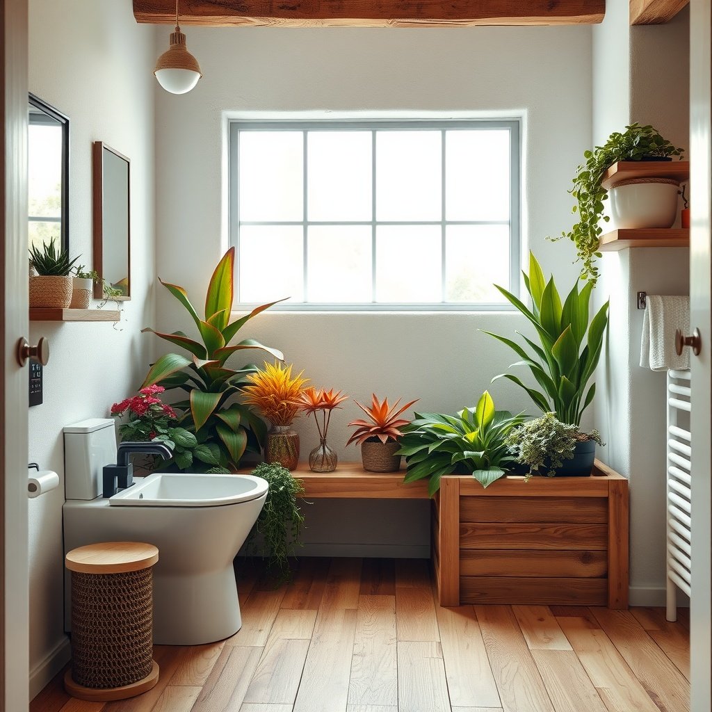 Bathroom with natural wood planter boxes filled with various plants.