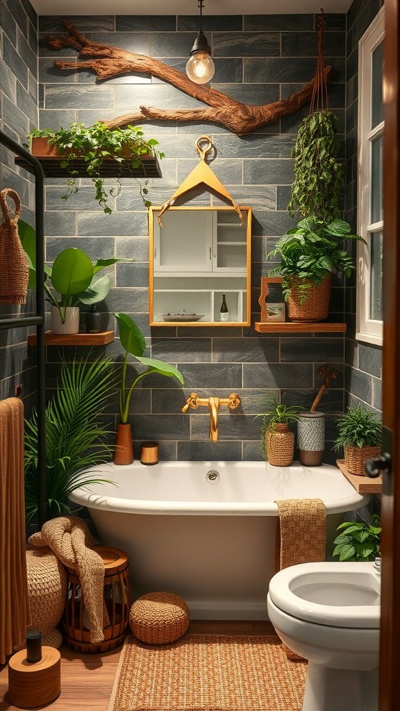 A green bathroom with plants, wooden shelves, and natural decor elements.