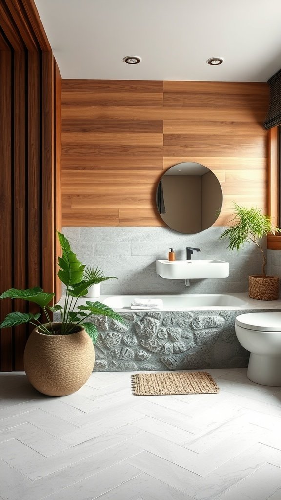 A modern bathroom featuring wooden accents, a stone bathtub, and indoor plants.