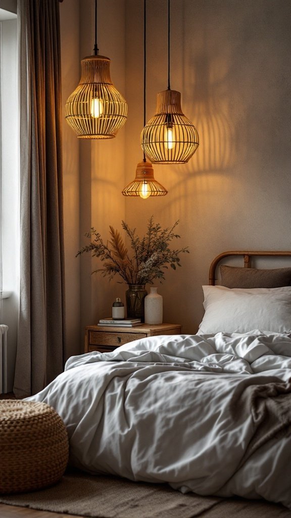 A cozy bedroom with woven pendant lights illuminating the space, showcasing a natural and calming aesthetic.