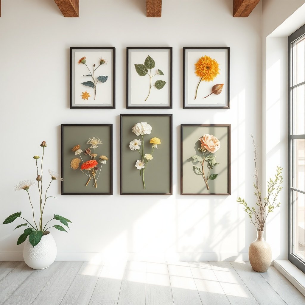 Nature-inspired wall art featuring pressed flowers and leaves in frames.