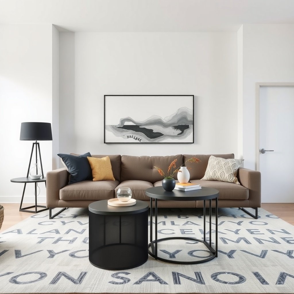 A cozy living room featuring a brown sofa, nesting tables, and a stylish lamp.