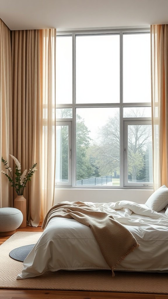 A cozy bedroom with neutral window treatments including soft shades and light curtains.