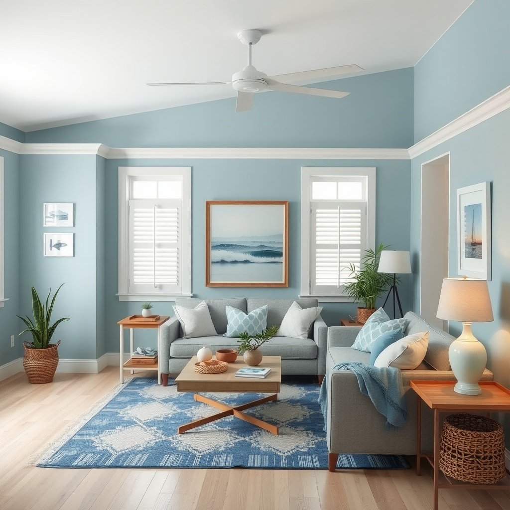 A small living room painted in soft blue hues with cozy furniture and decorative elements.