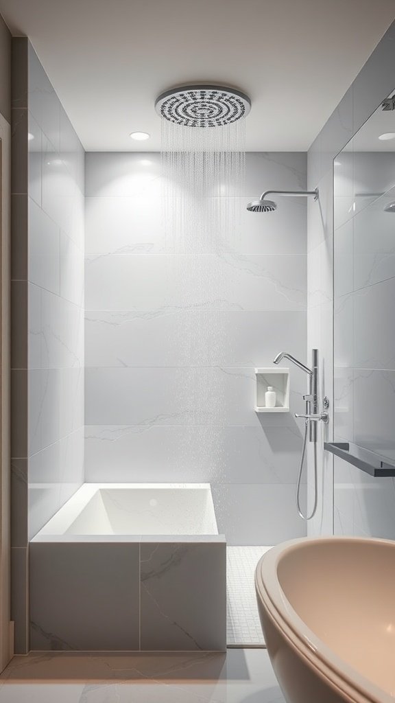 Open concept shower with a rainfall showerhead and modern design.