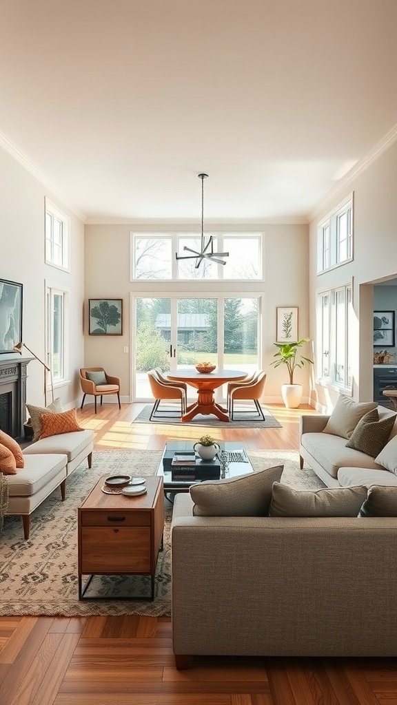 Bright and airy contemporary living room with an open floor plan, featuring large windows and stylish furniture.