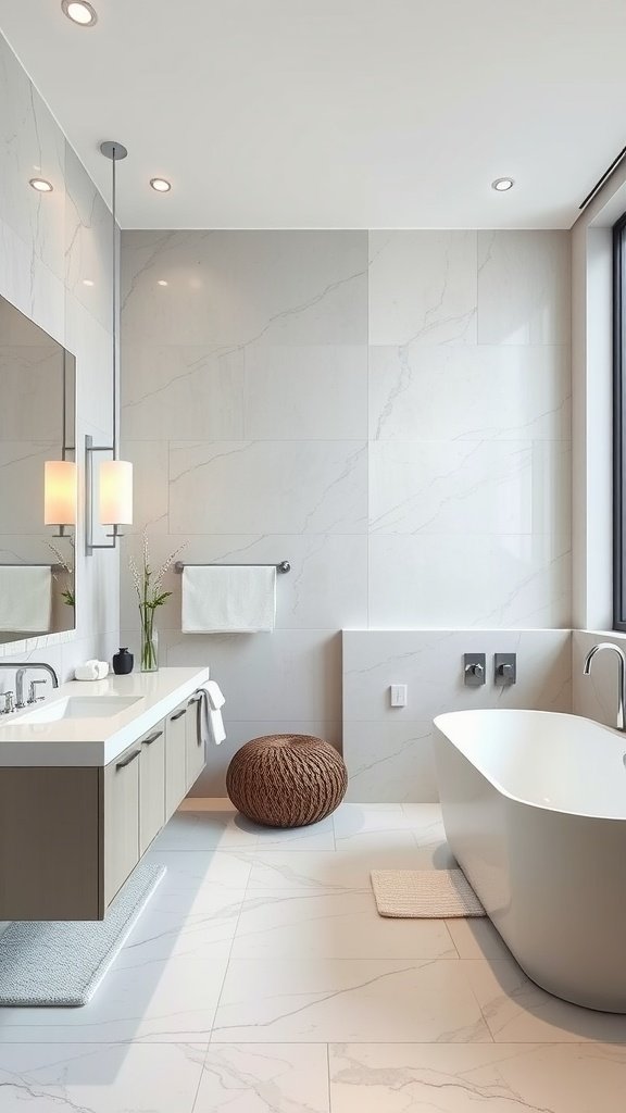 A modern open layout bathroom featuring a freestanding tub, minimalistic cabinetry, and large windows.