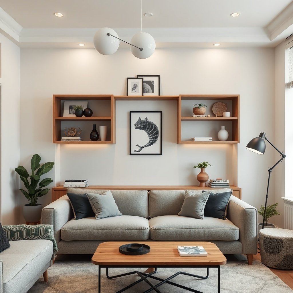 A cozy living room with open shelves behind the sofa, displaying decorative items and plants.