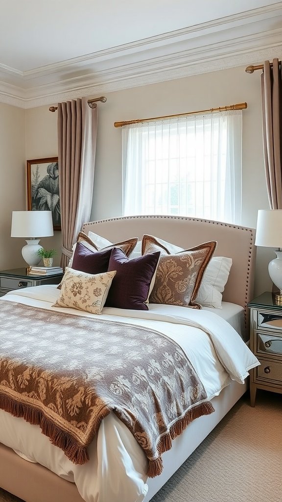 A stylish bedroom featuring a tufted headboard, layered bedding, and decorative pillows.