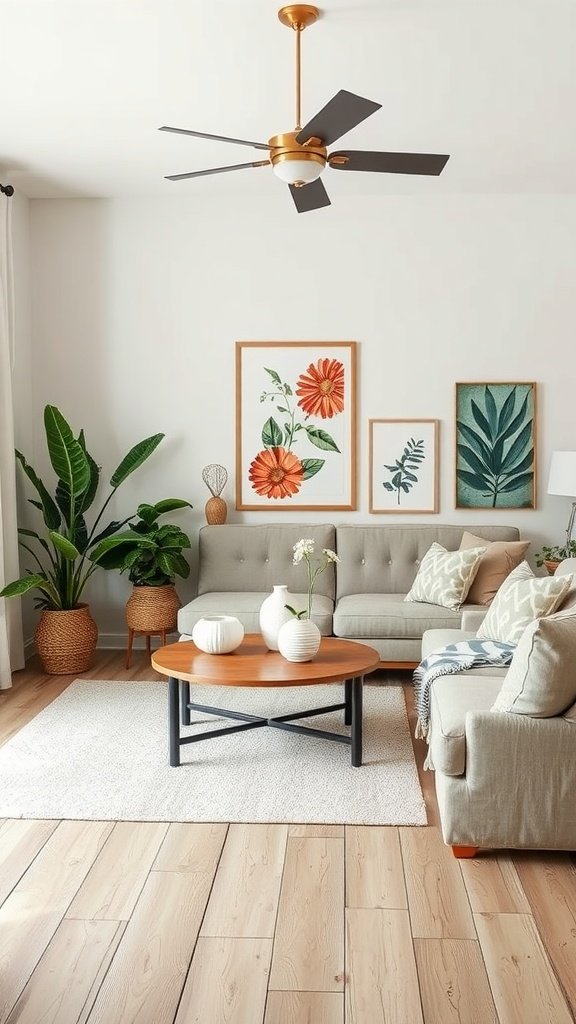 A contemporary living room featuring a light color scheme, plants, and nature-inspired decor.