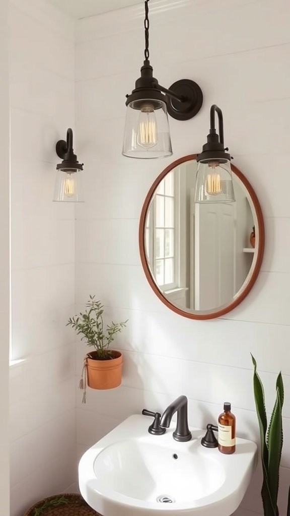 A stylish bathroom featuring black outdoor-style lighting fixtures, a round mirror, and natural decor.