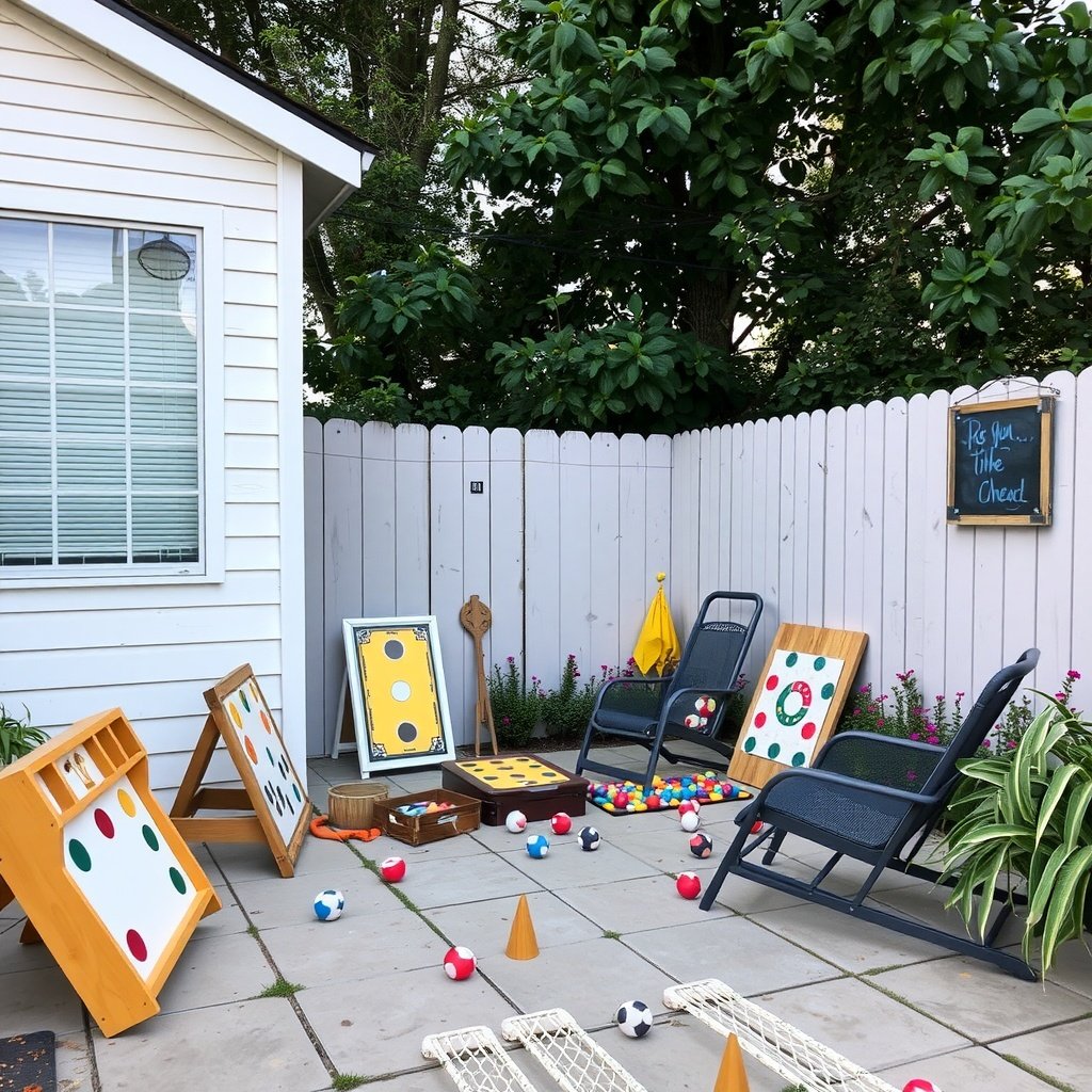 Outdoor games corner with colorful game boards and seating