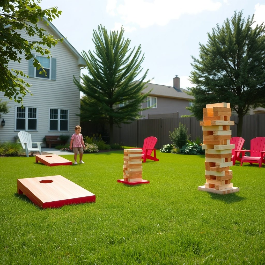 Backyard with outdoor games including cornhole and giant Jenga, with a child playing.