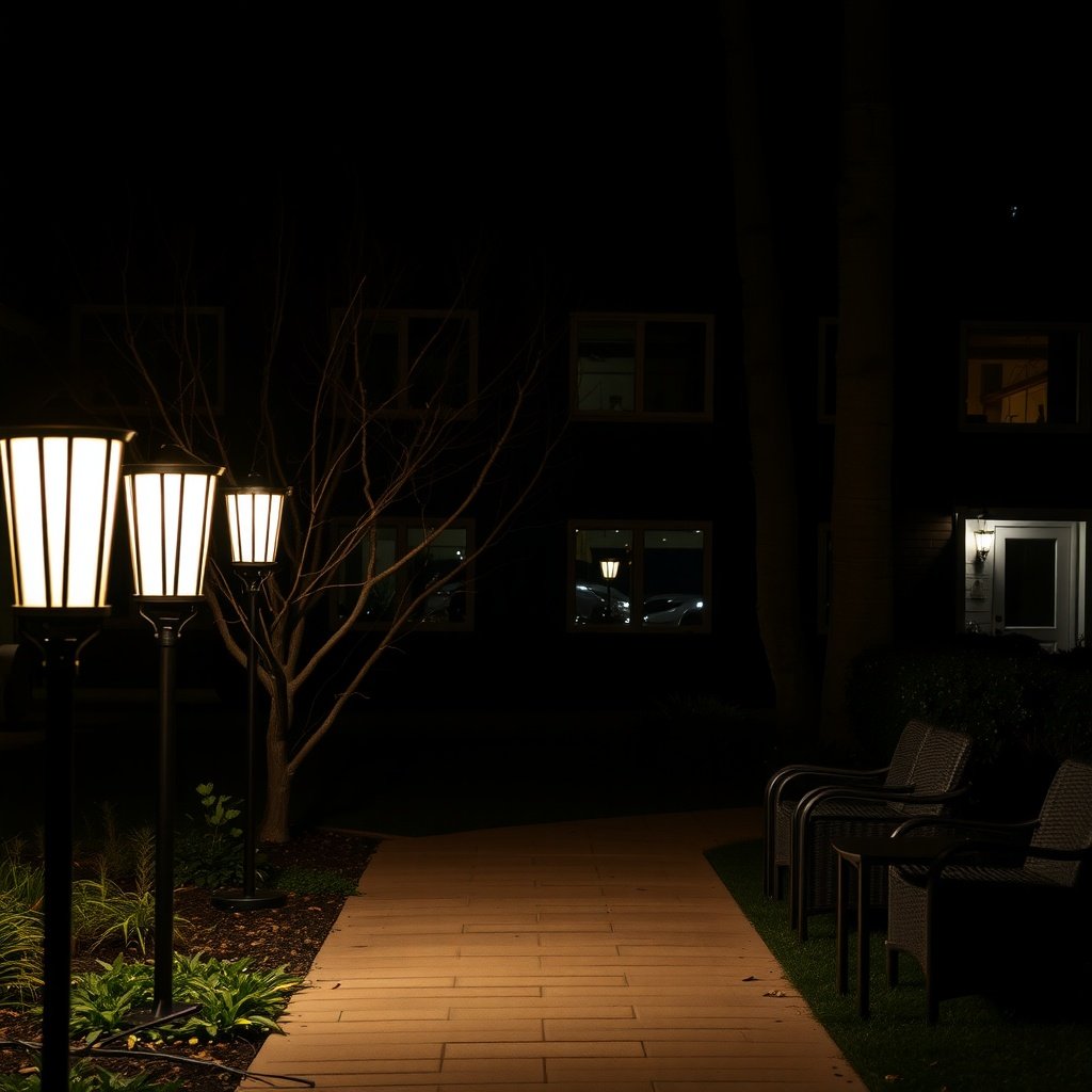 Pathway illuminated by stylish outdoor lamps at night