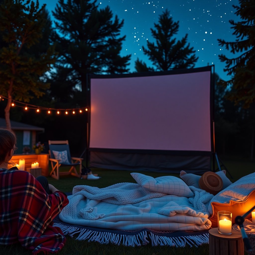 Cozy outdoor movie setup with blankets and projector screen under a starry sky